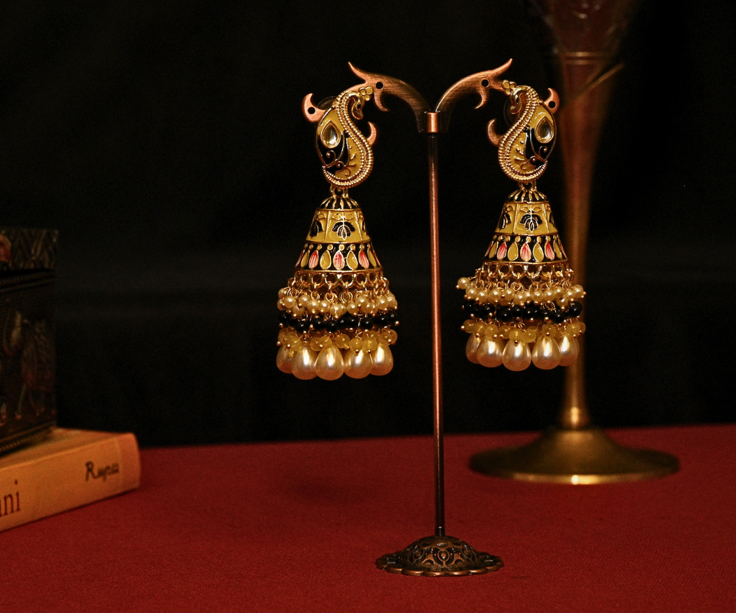 Moti Bagh Shringar Gold Plated Antique Long Earrings