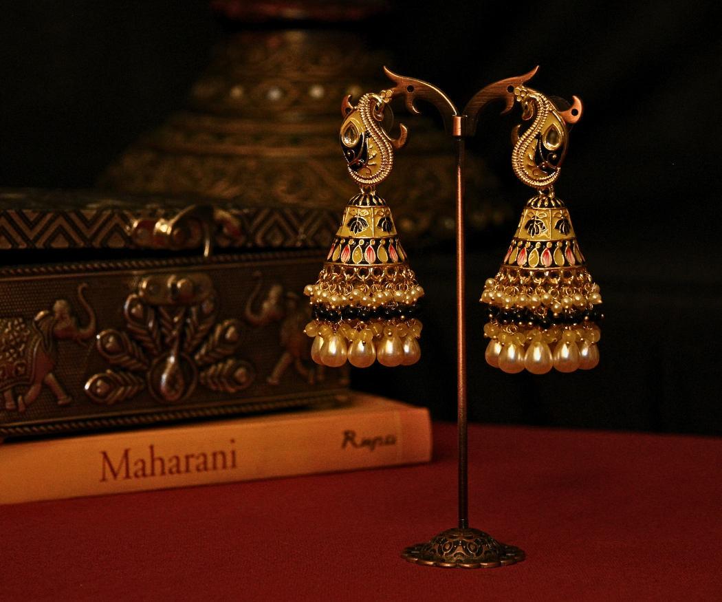 Moti Bagh Shringar Gold Plated Antique Long Earrings