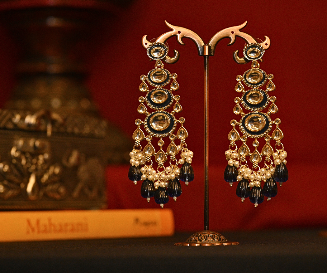 Mehfil Polki Kundan with Peacock Blue Beads Gold Plated Earrings