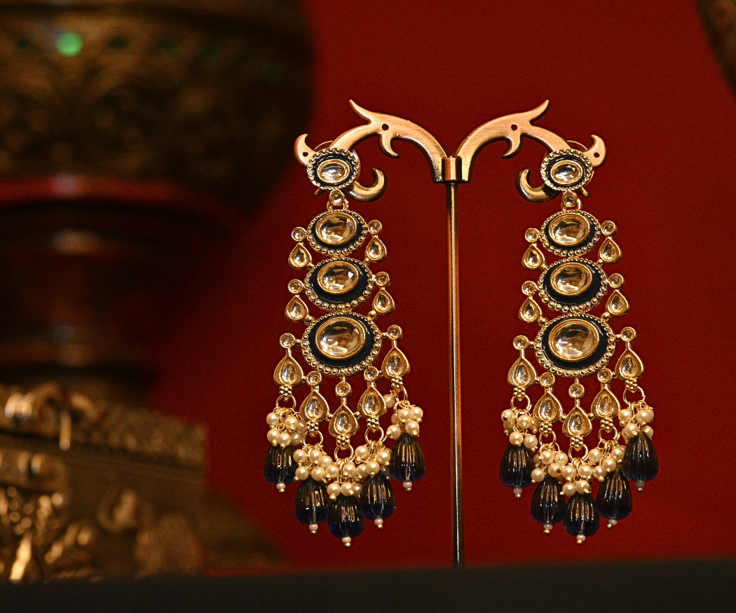 Mehfil Polki Kundan with Peacock Blue Beads Gold Plated Earrings