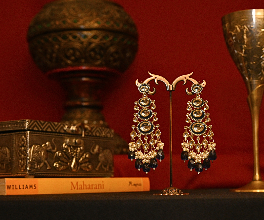 Mehfil Polki Kundan with Peacock Blue Beads Gold Plated Earrings