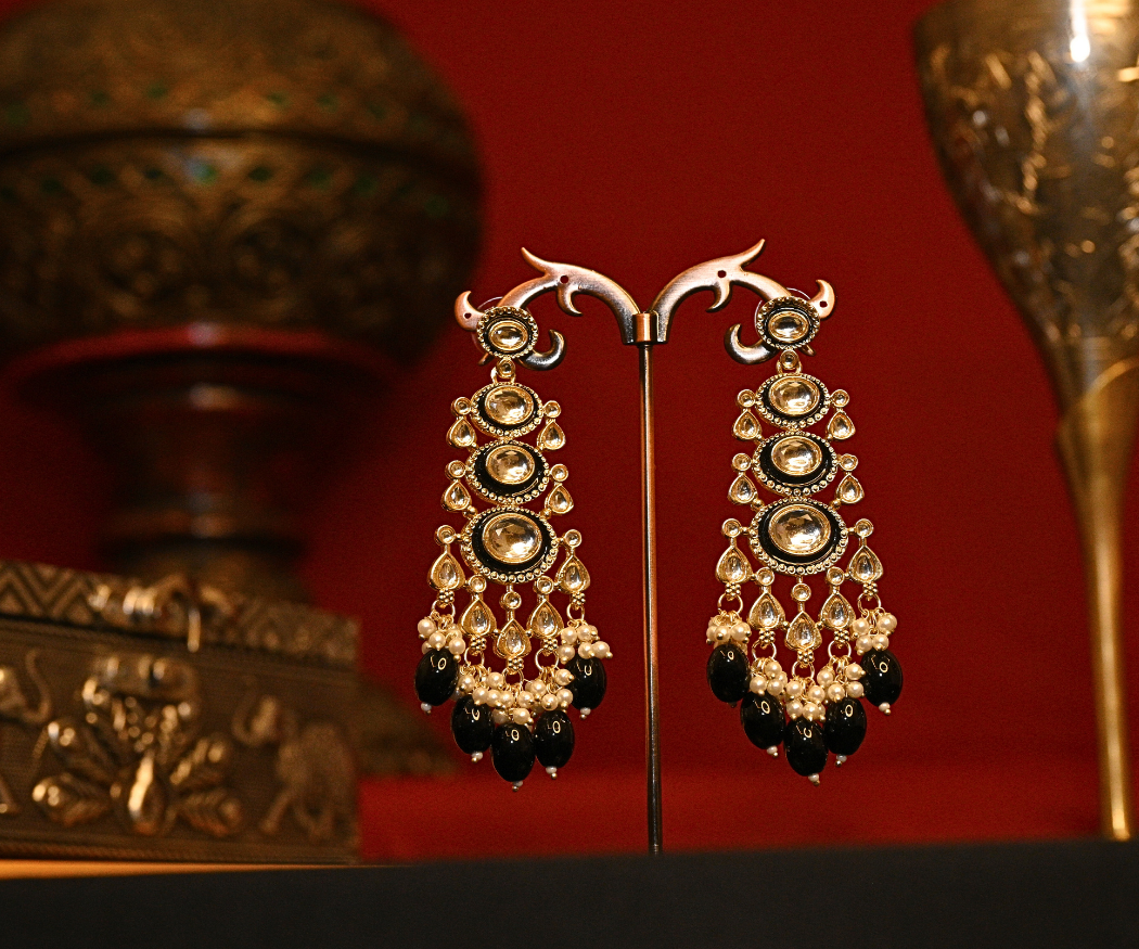 Mehfil Polki Kundan with Black Beads Gold Plated Earrings