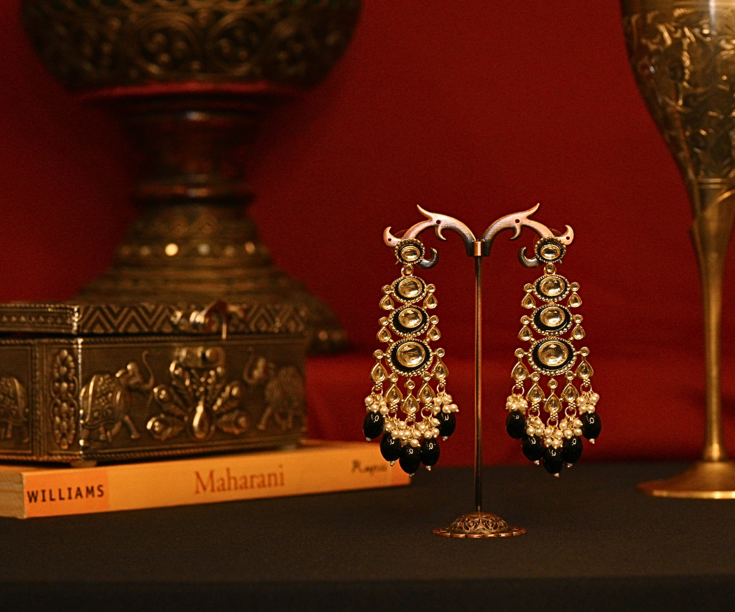 Mehfil Polki Kundan with Black Beads Gold Plated Earrings