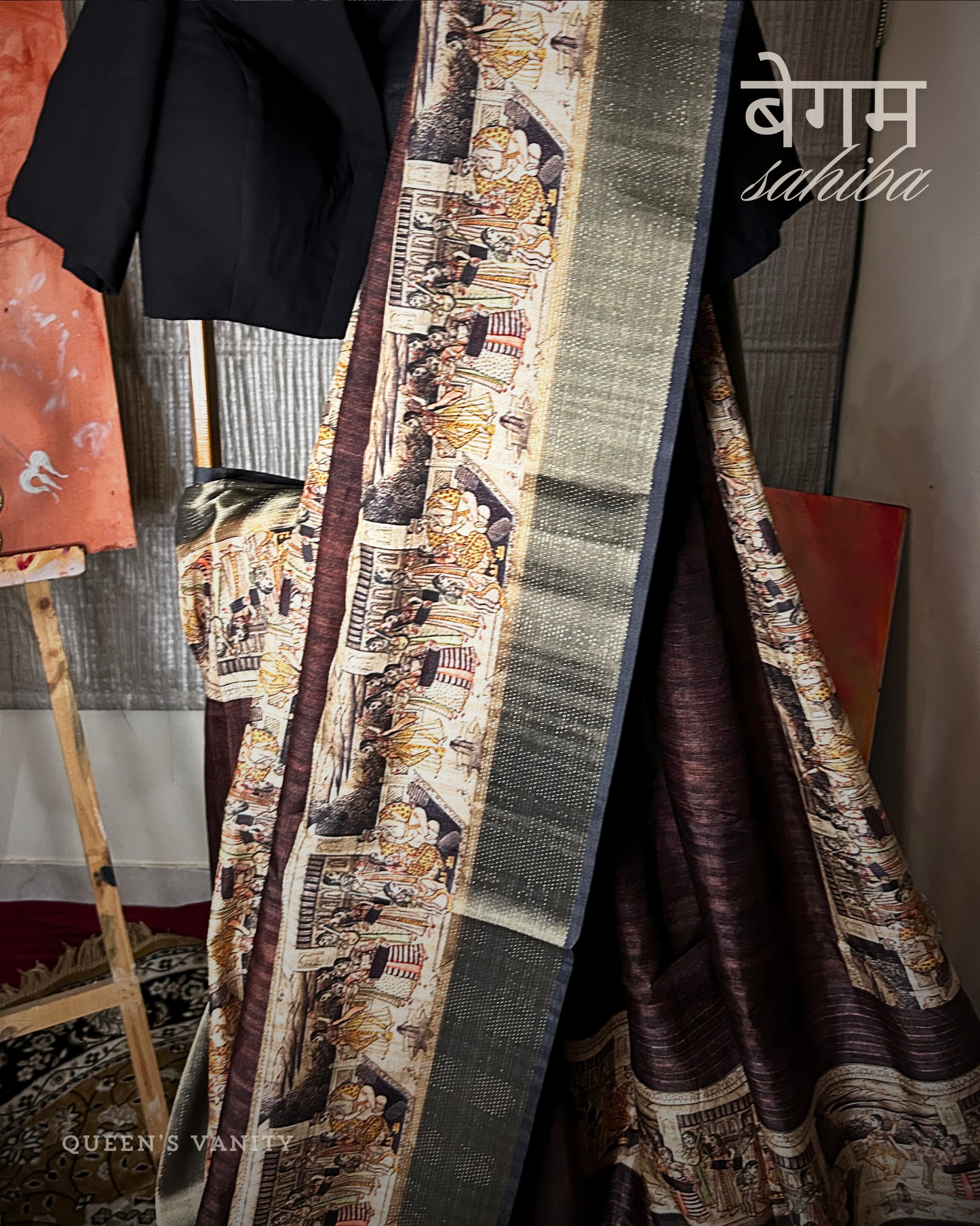 Mastani Brown Mughal Art Semi-Tussar Silk Saree