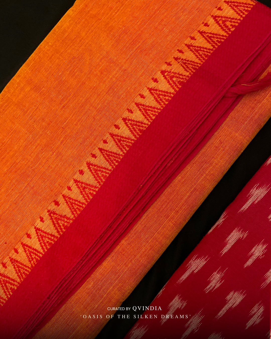 Kumbh Shakti Saffron Chettinad Cotton Saree with Ikkat Blouse
