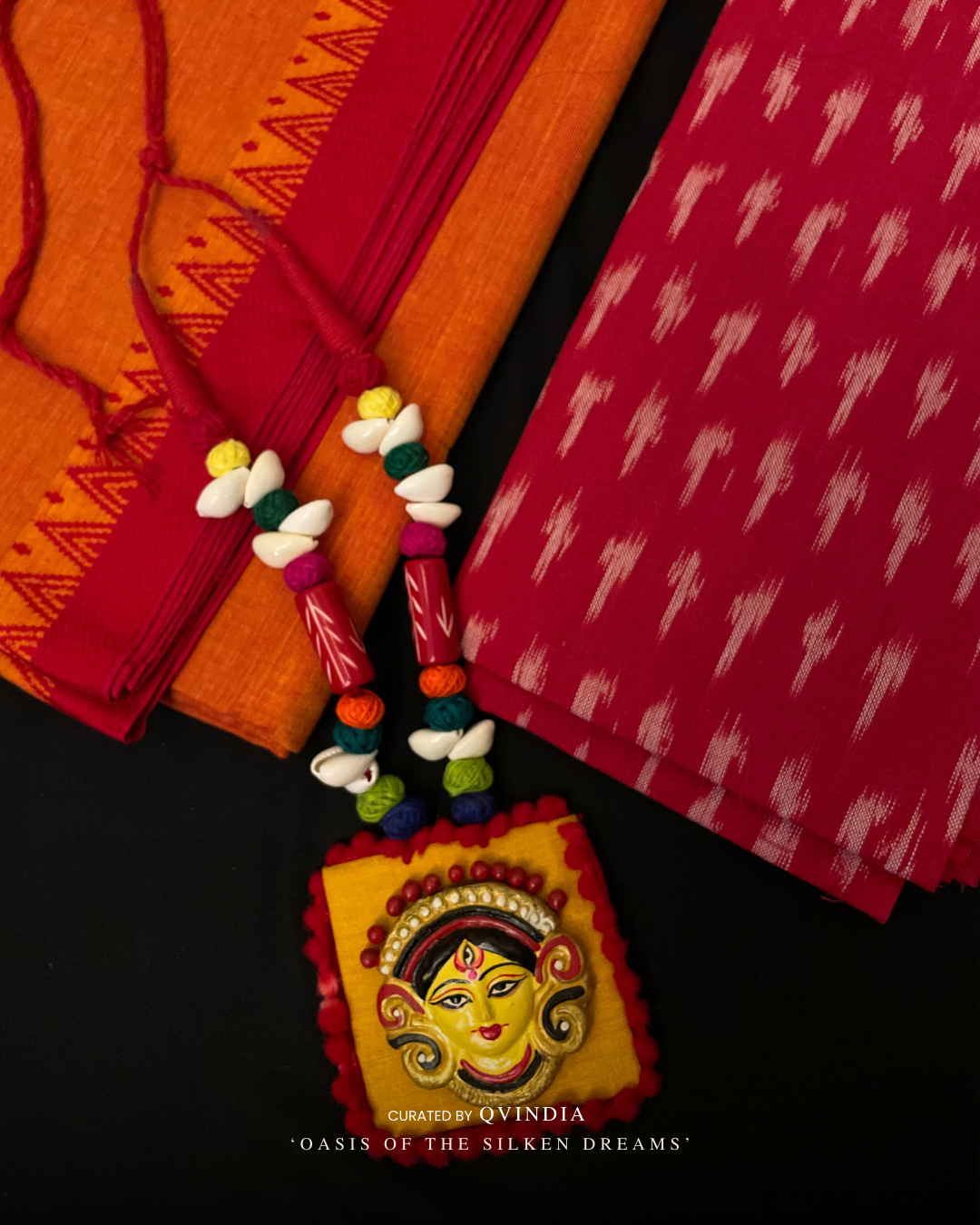 Kumbh Shakti Saffron Chettinad Cotton Saree with Ikkat Blouse
