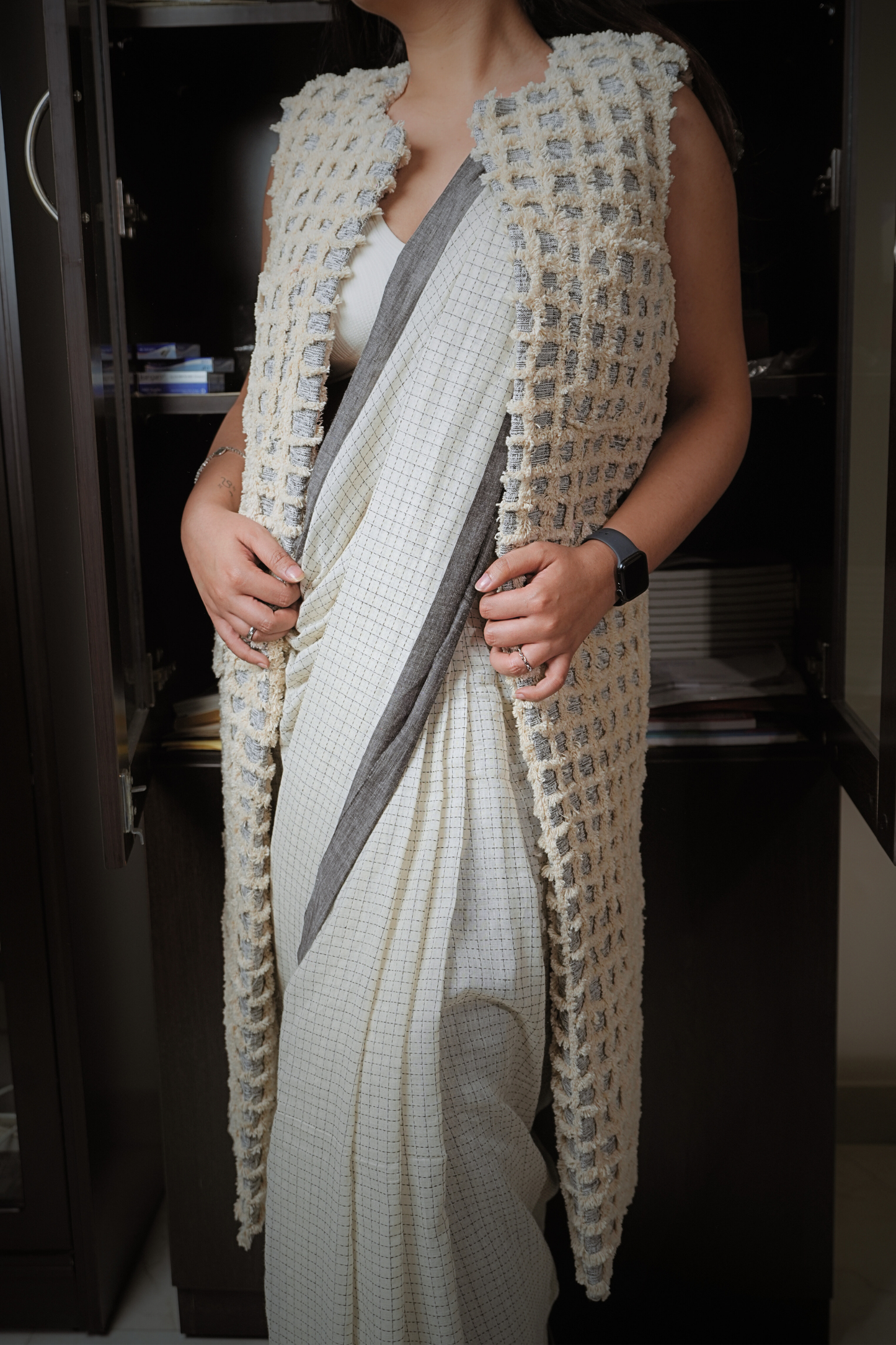 Grey & Beige Handloom Khadi Cotton Saree