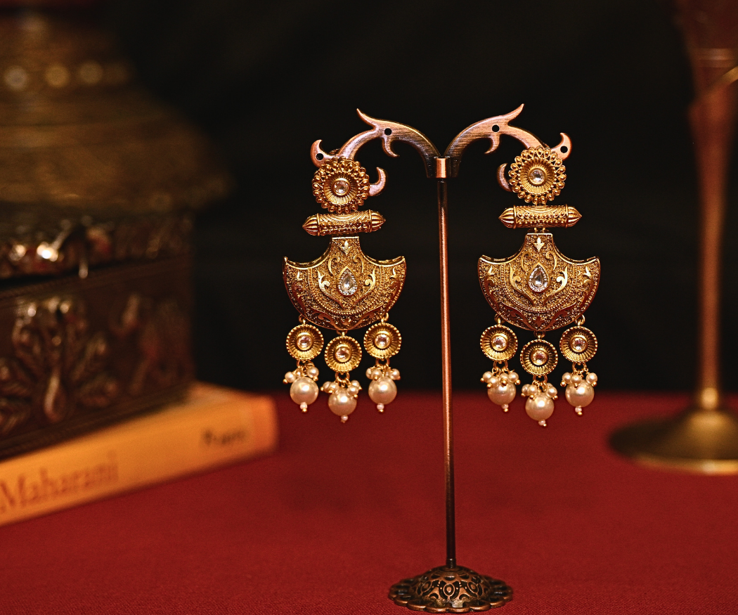 Pankha Moti Antique Matte Gold Plated Long Earrings