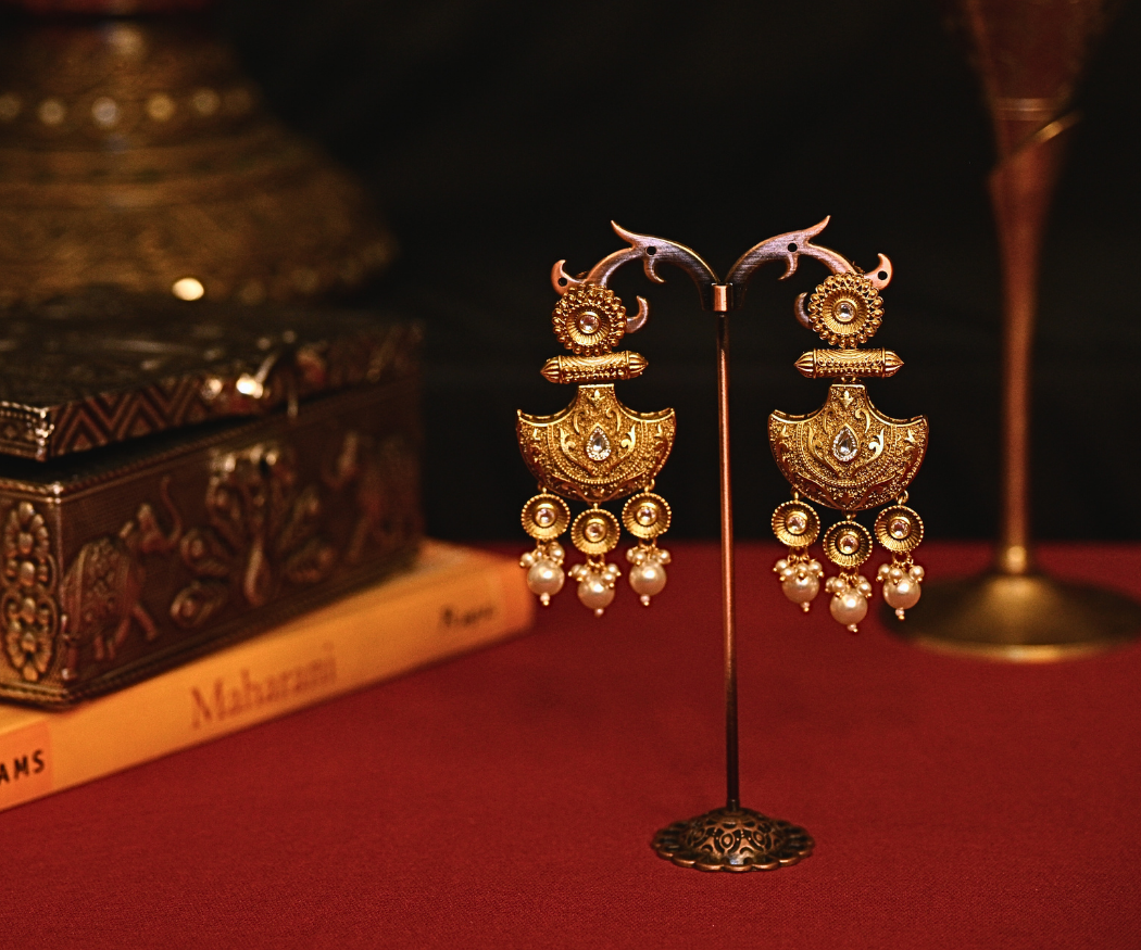 Pankha Moti Antique Matte Gold Plated Long Earrings