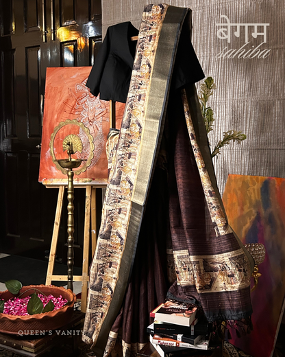 Mastani Brown Mughal Art Semi-Tussar Silk Saree