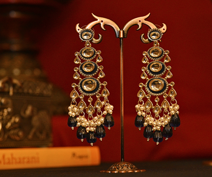 Mehfil Polki Kundan with Peacock Blue Beads Gold Plated Earrings