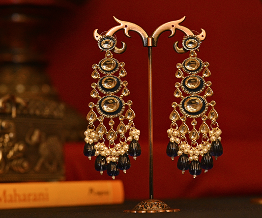 Mehfil Polki Kundan with Peacock Blue Beads Gold Plated Earrings
