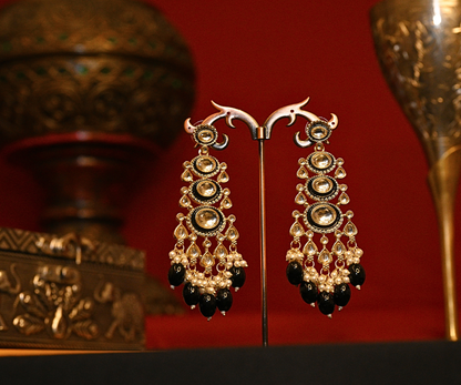 Mehfil Polki Kundan with Black Beads Gold Plated Earrings