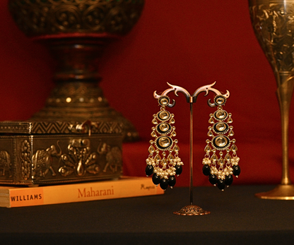 Mehfil Polki Kundan with Black Beads Gold Plated Earrings