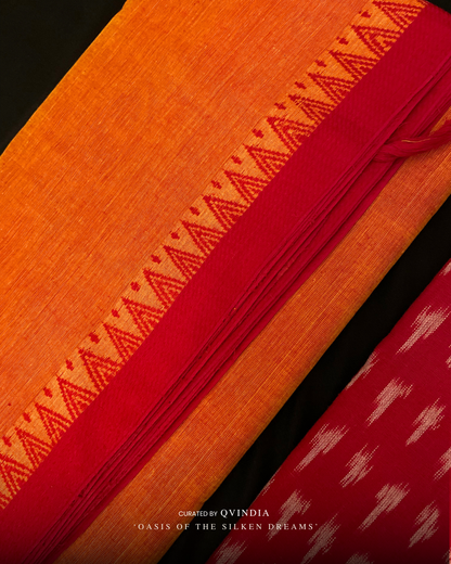 Kumbh Shakti Saffron Chettinad Cotton Saree with Ikkat Blouse