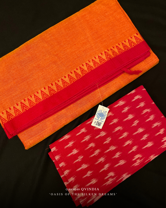 Kumbh Shakti Saffron Chettinad Cotton Saree with Ikkat Blouse
