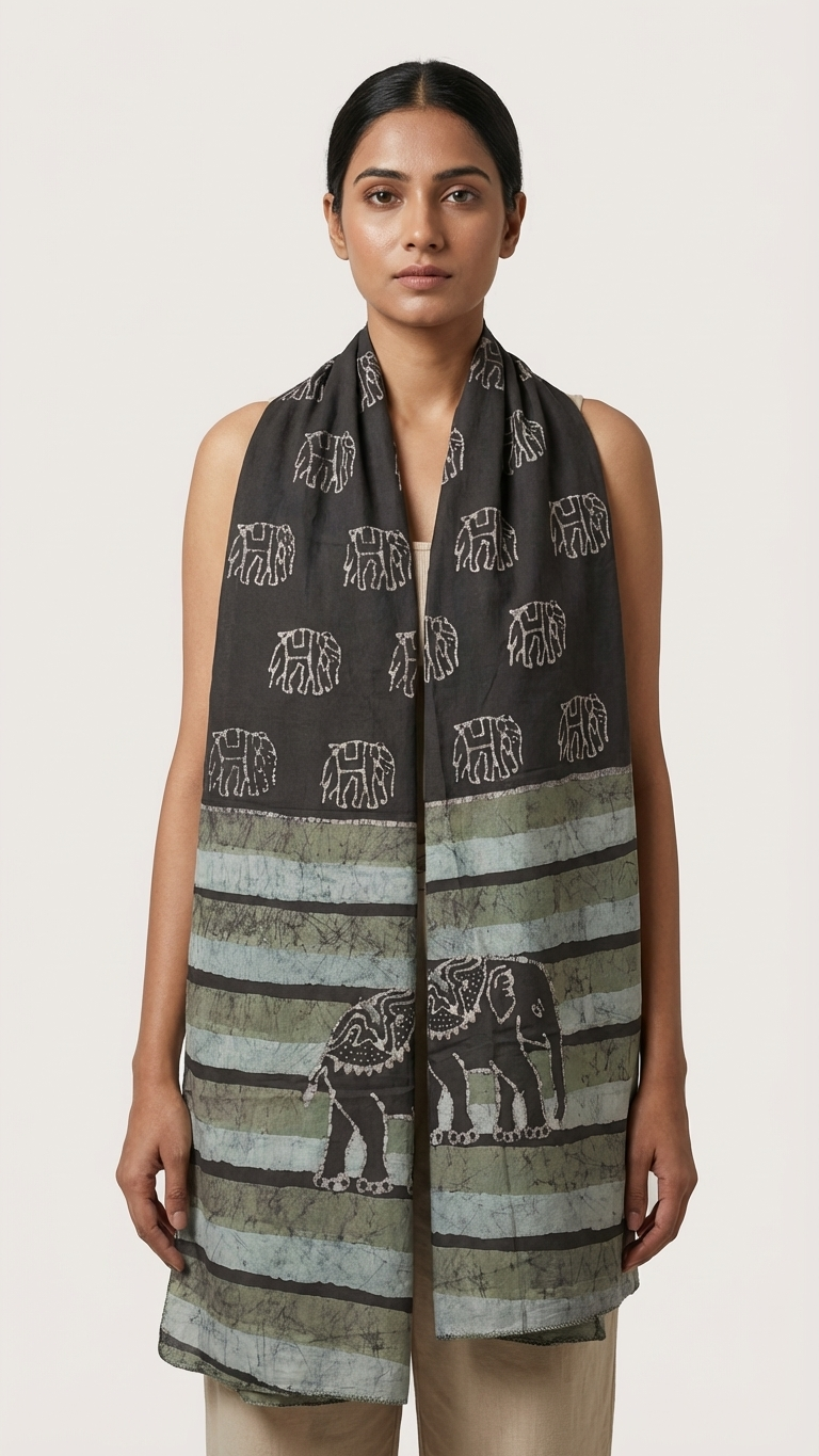 Moonlight Elephant Batik Craft Meets Wilderness Hand-Blocked Cotton Stole