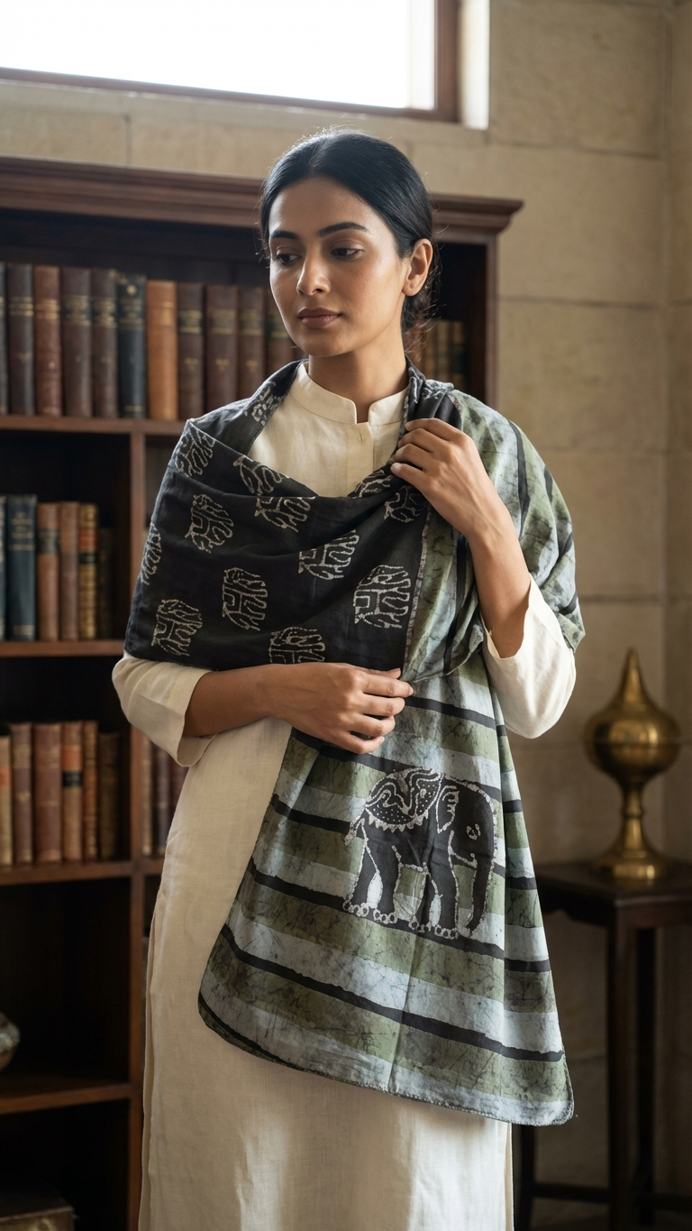 Moonlight Elephant Batik Craft Meets Wilderness Hand-Blocked Cotton Stole