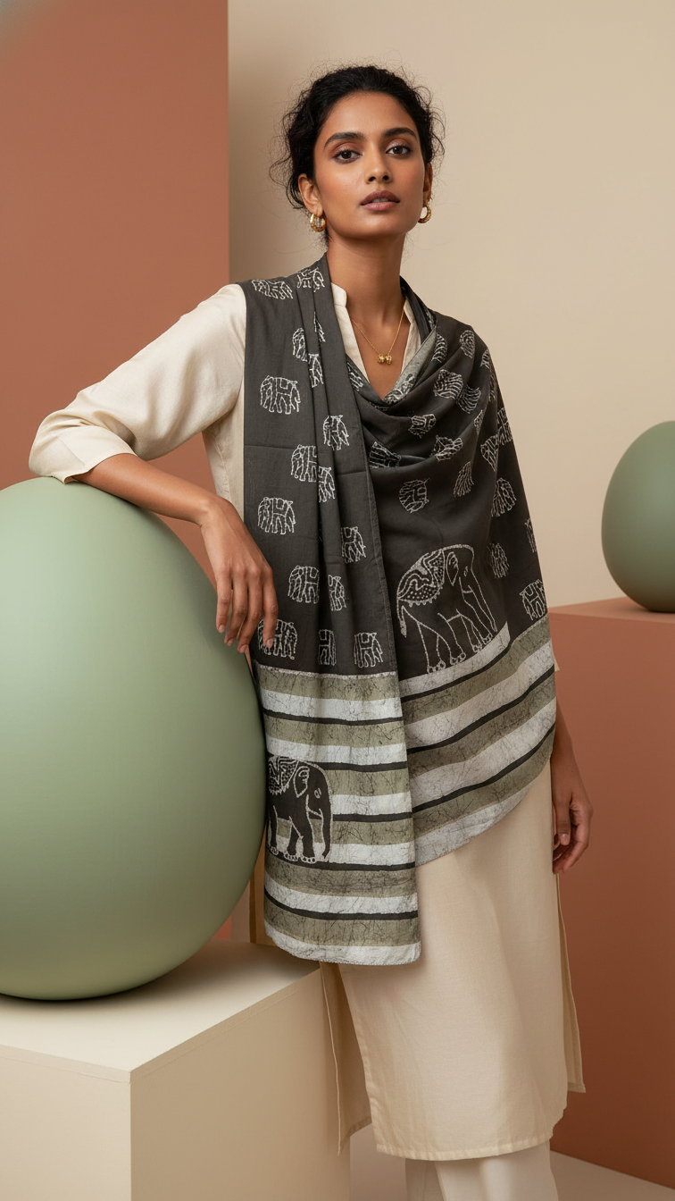 Moonlight Elephant Batik Craft Meets Wilderness Hand-Blocked Cotton Stole