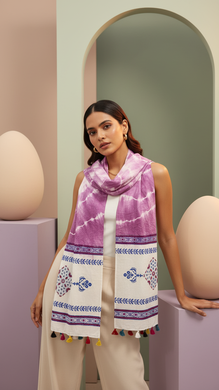 Pink Desert Sky Handcrafted Bandhani Tie-Dye Cotton Stole